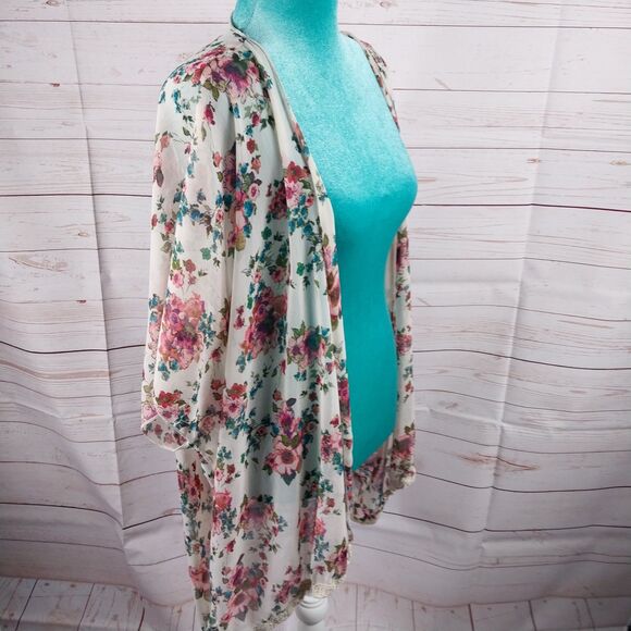 Mason + MacKenzie Pink Floral Open Cardigan Womens Size Medium Dolman Sleeves - Picture 2 of 11